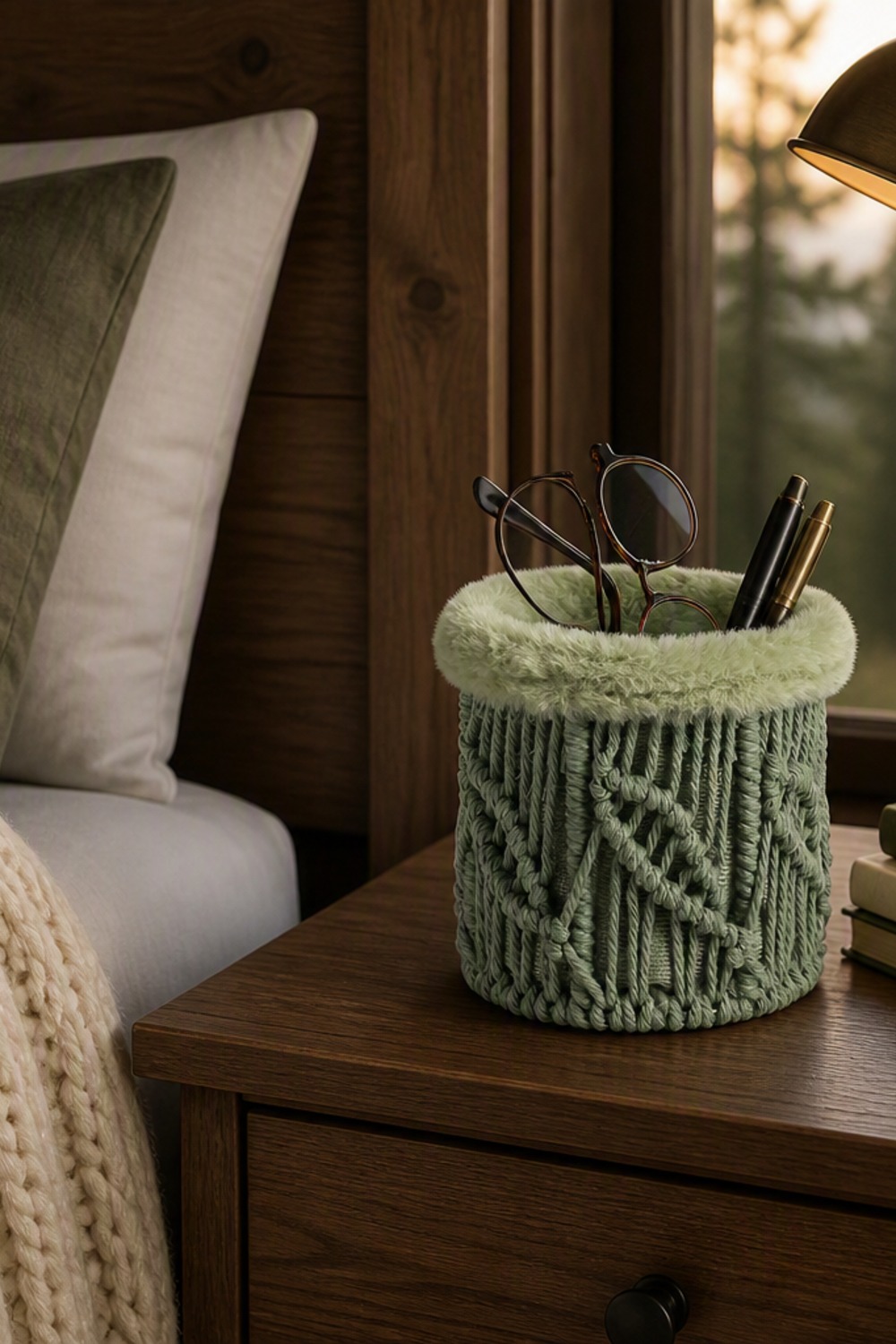 Sage green woven macrame catchall basket with faux-fur rim holding glasses and pens on a walnut nightstand in a cabin bedroom