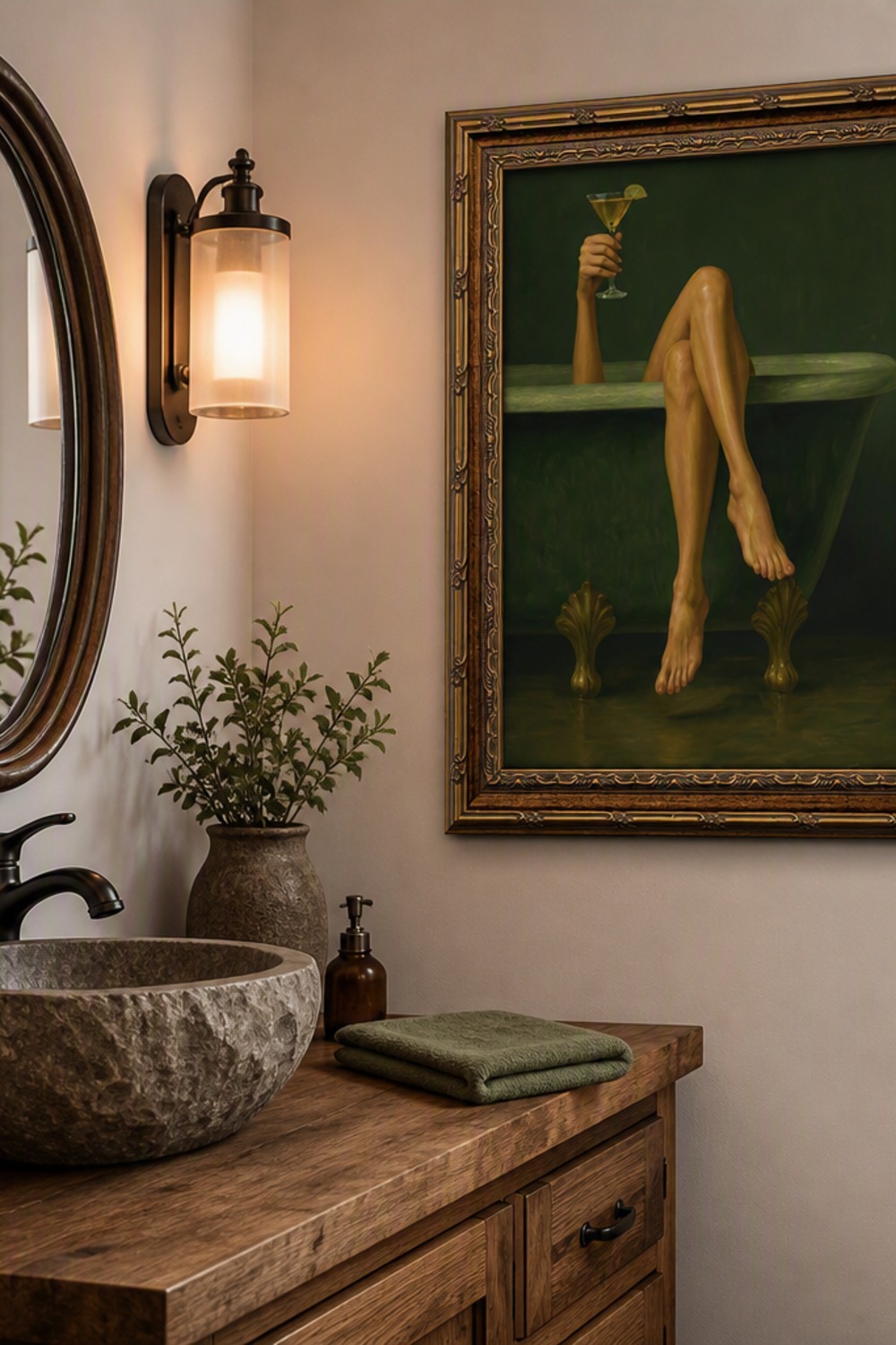 Funny ornate-framed painting of legs draped over a sage green clawfoot tub holding a martini, hung in a cabin powder room