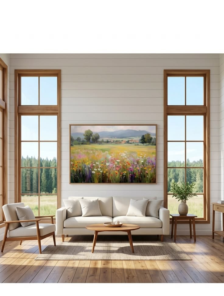 Framed wildflower meadow landscape canvas over a cream sofa in a bright farmhouse living room