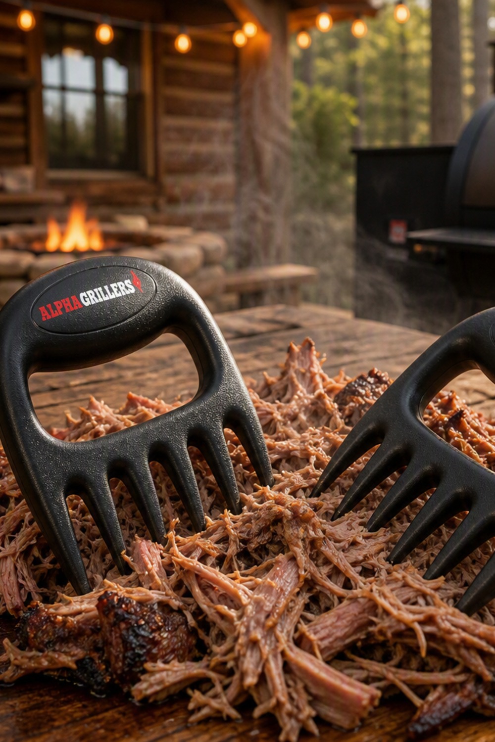 Black bear-claw meat shredders pulling apart smoked pork on a cabin backyard grill table