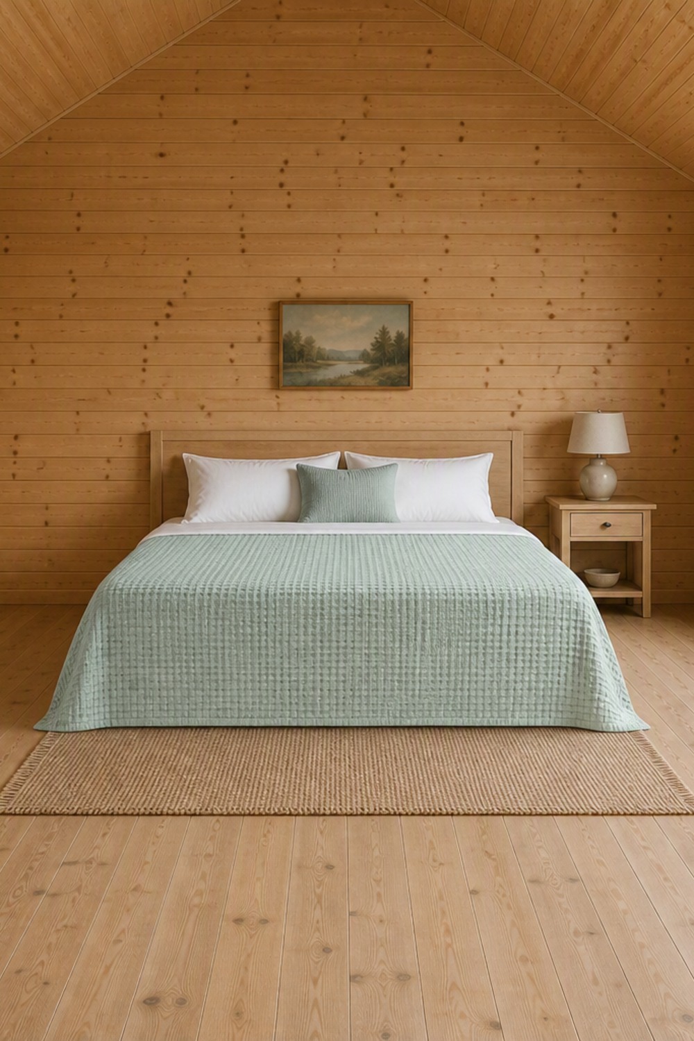 Soft mint-green waffle-weave blanket spread smooth over a made king bed with white linens in a pine-paneled cabin bedroom