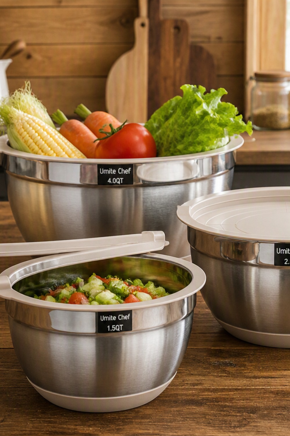 Stainless steel nesting mixing bowls with khaki silicone lids and non-slip bottoms, filled with fresh vegetables on a cabin kitchen counter