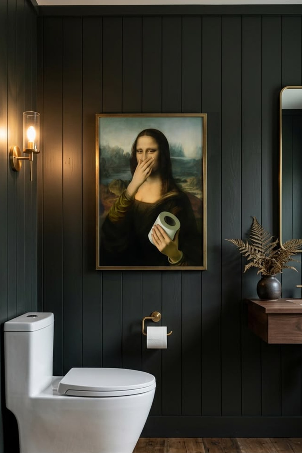 Funny framed Mona Lisa print pinching her nose and holding toilet paper on a dark green powder-room wall