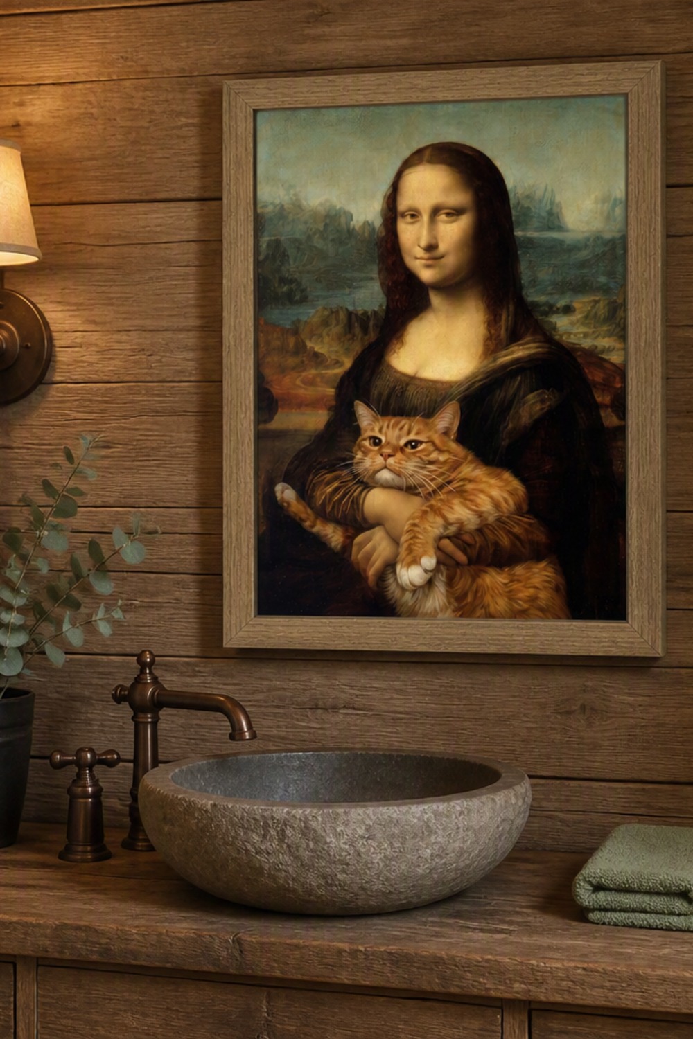 Funny framed Mona Lisa print holding an orange tabby cat on a cabin wall