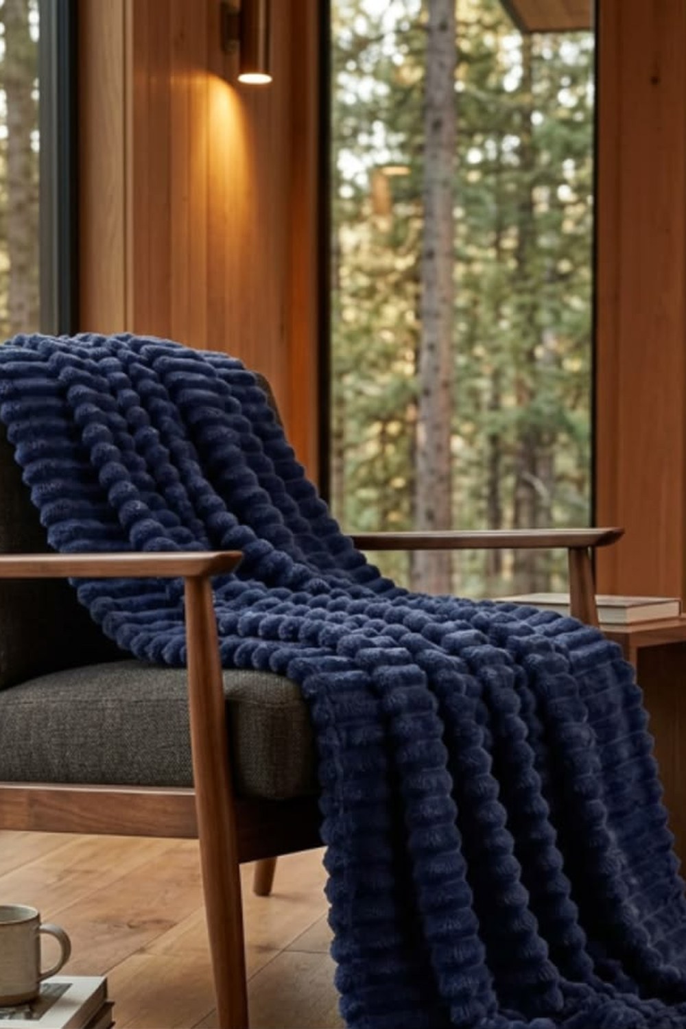 Deep navy plush fleece throw draped over a mid-century wood armchair by a forest window in a cabin