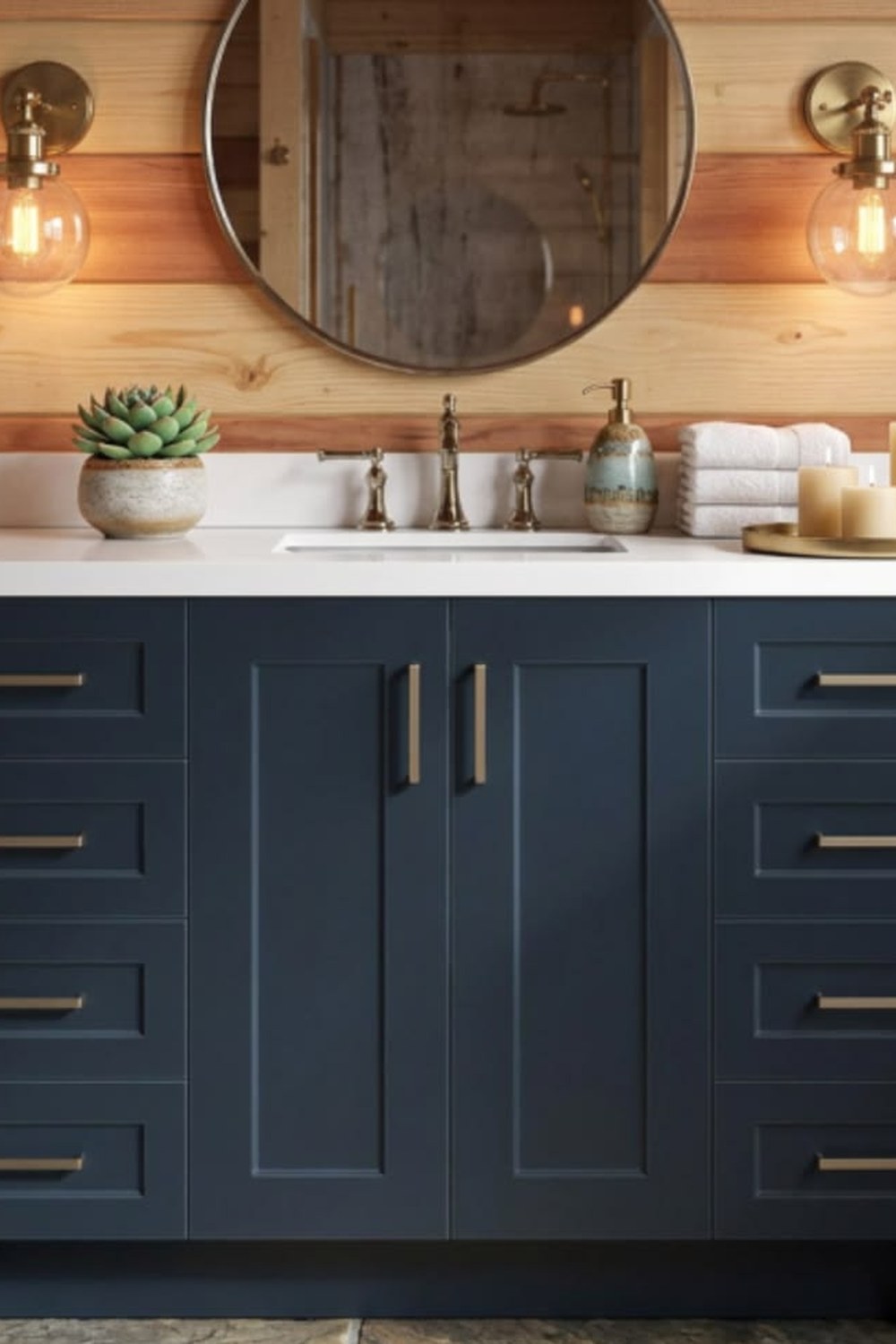 Midnight-blue shaker bathroom vanity with a white quartz top and undermount sink against a cedar plank wall in a cabin bathroom
