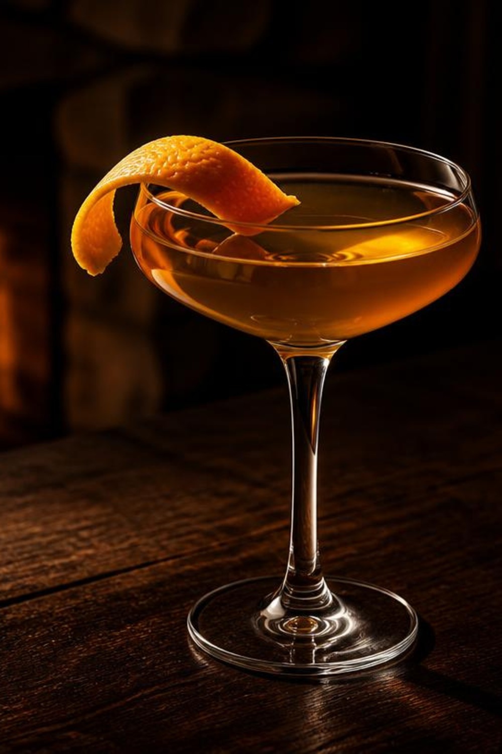 Crystal-clear Nick and Nora cocktail glass with an amber whiskey cocktail and orange twist by a cabin fireplace