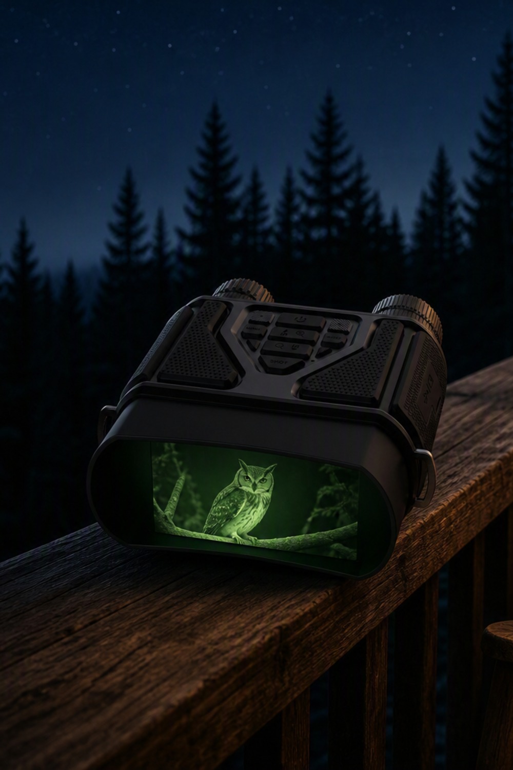 Digital night vision binoculars glowing with a green owl view, resting on a wood porch railing under a starry night sky