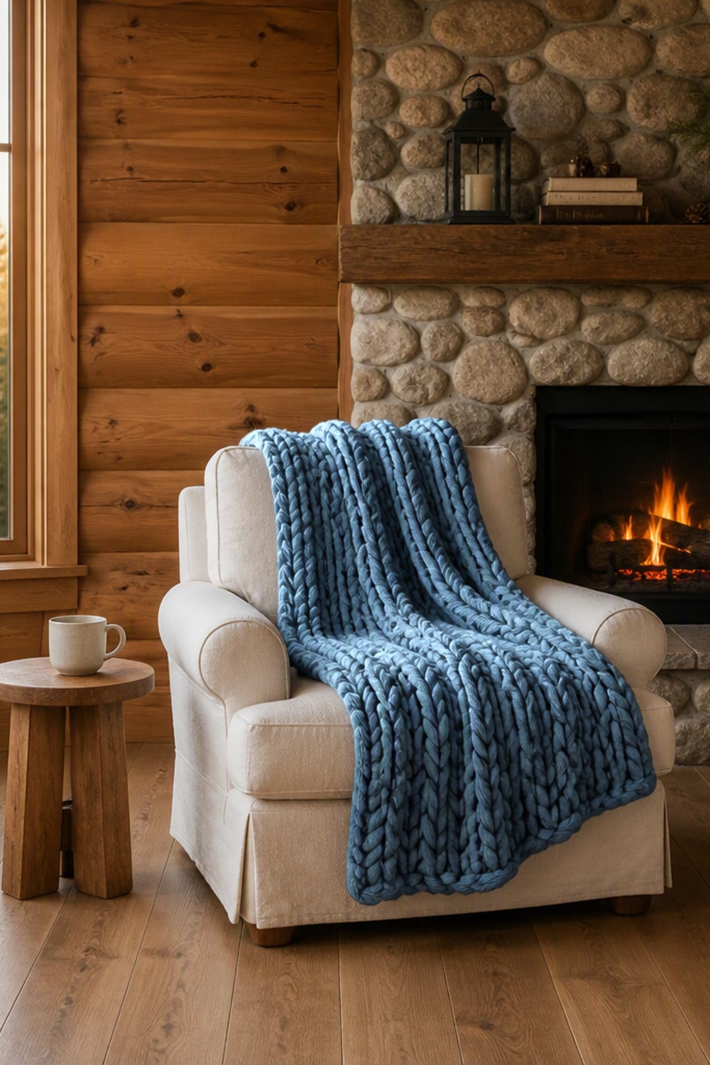 Dusty denim-blue chunky knit chenille throw draped over a cream linen armchair beside a river-stone fireplace in a cabin living room