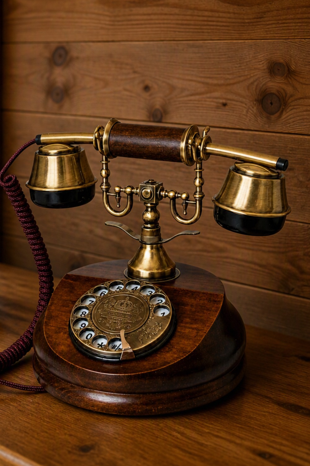 Antique-style wooden and brass rotary desk telephone with a burgundy coiled cord, standing on a pine console beside a stack of books in a cabin