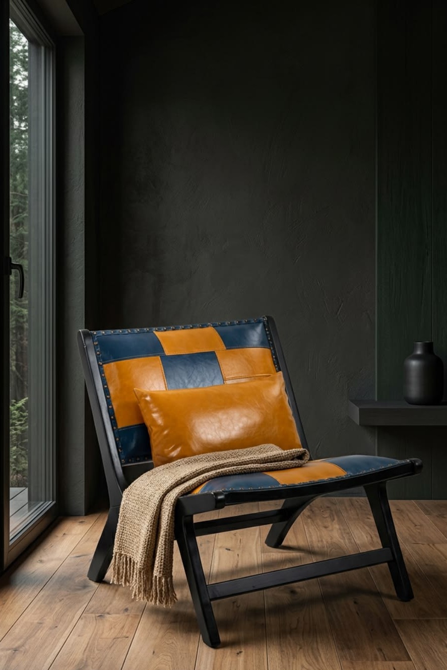 Caramel and navy patchwork genuine-leather accent chair with a matching lumbar pillow in a moody dark-green cabin corner