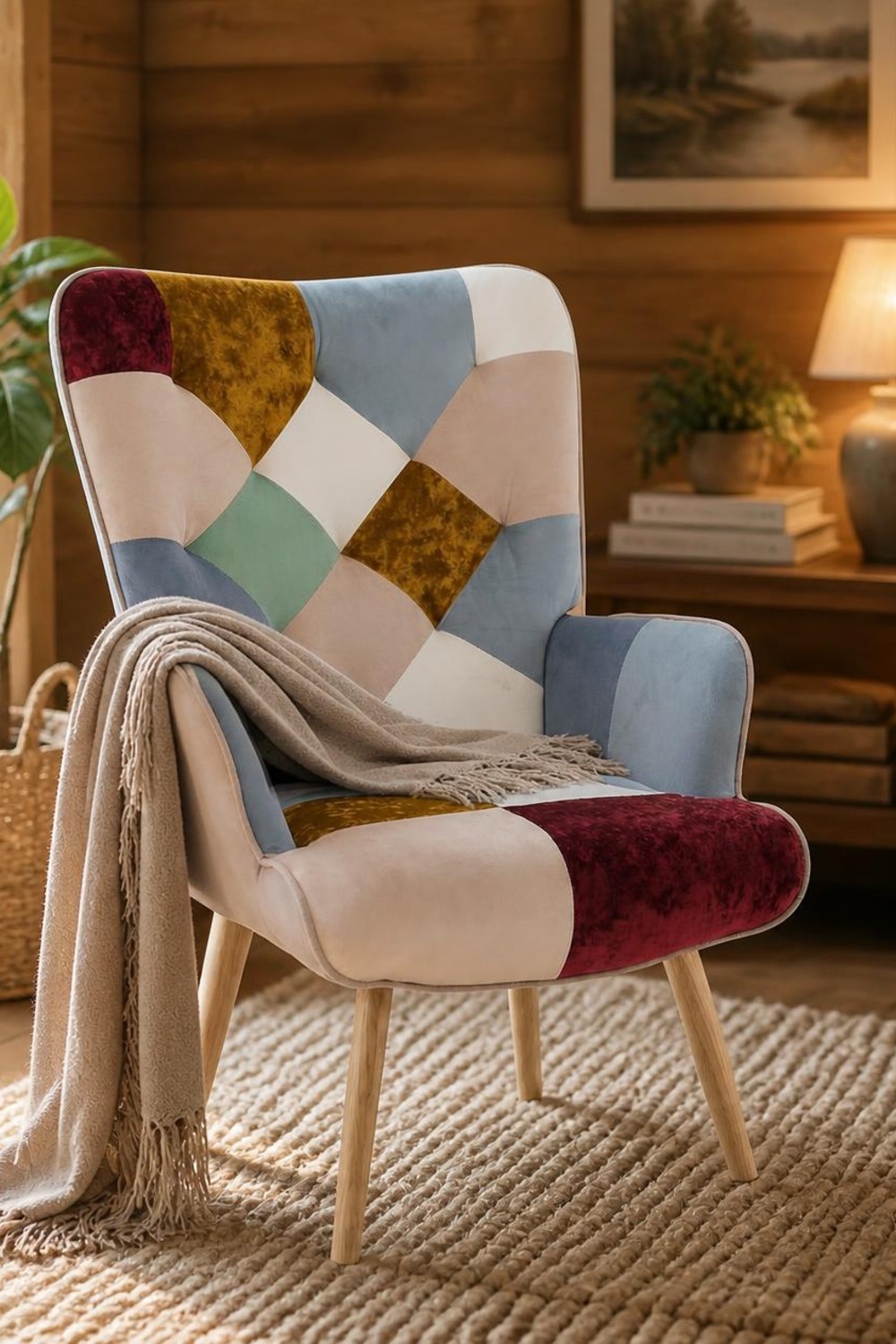 Colorful crushed-velvet patchwork wingback accent chair with wood legs in a cabin living room corner