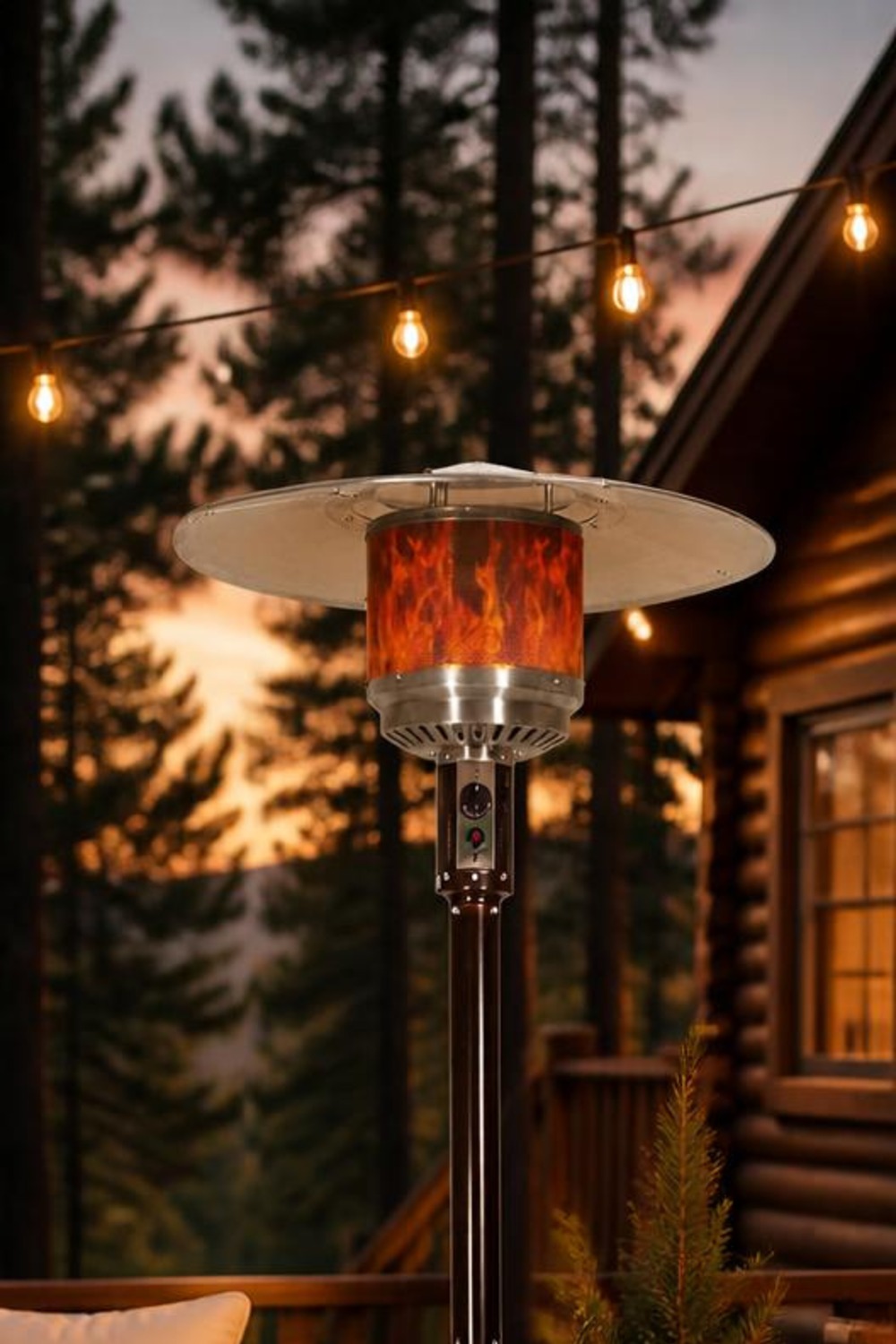 Havana bronze commercial propane patio heater with a glowing mushroom flame cap on a cabin deck at dusk