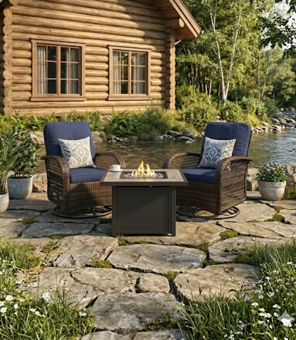 Two wicker swivel-rocker chairs with navy cushions and a table on a stone patio by a cabin and lake