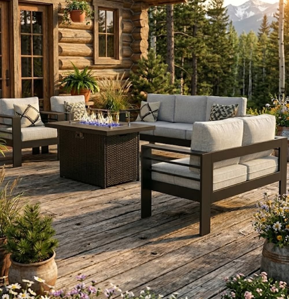 Aluminum-frame outdoor sofa and armchairs with light cushions on a cabin deck