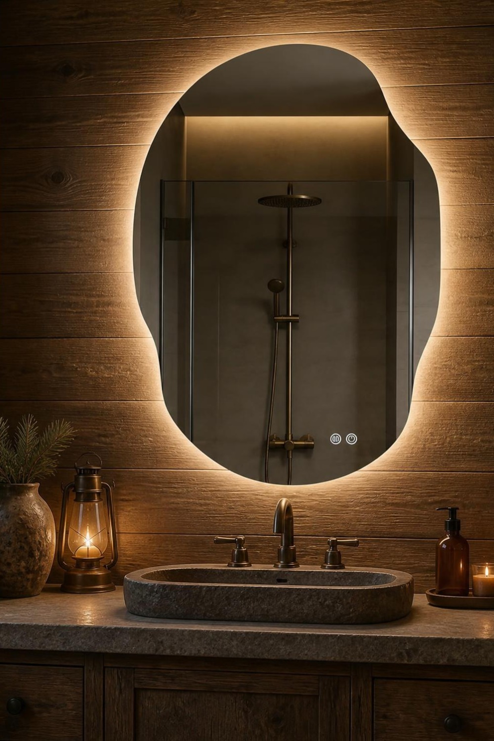 Irregular pebble-shaped backlit LED bathroom vanity mirror glowing above a stone vessel sink on a wood-plank wall