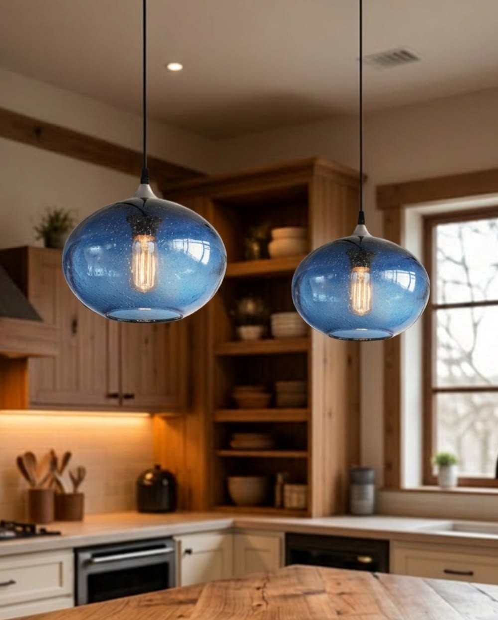 Modern pendant lights hanging over a kitchen island