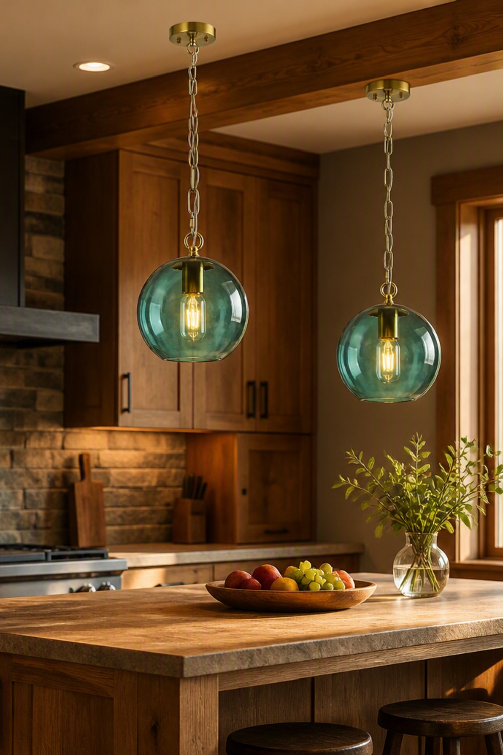 Gray-green glass globe pendant lights on brass chains hanging over a wood cabin kitchen island