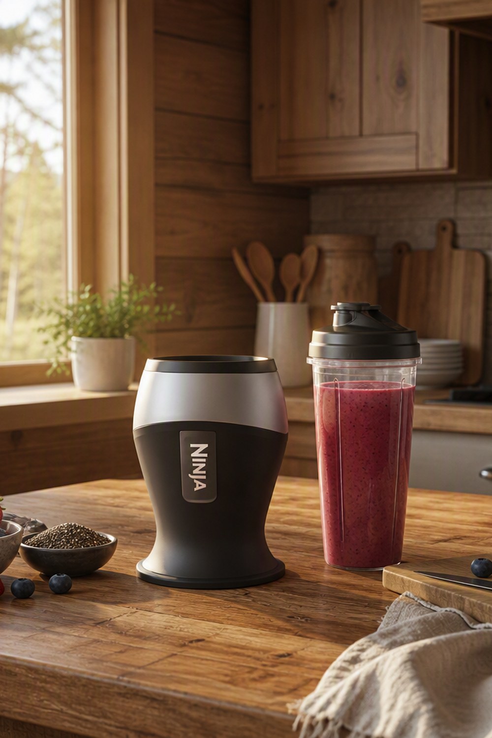 Ninja personal blender with a berry smoothie in its to-go cup on a butcher block counter in a cabin kitchen
