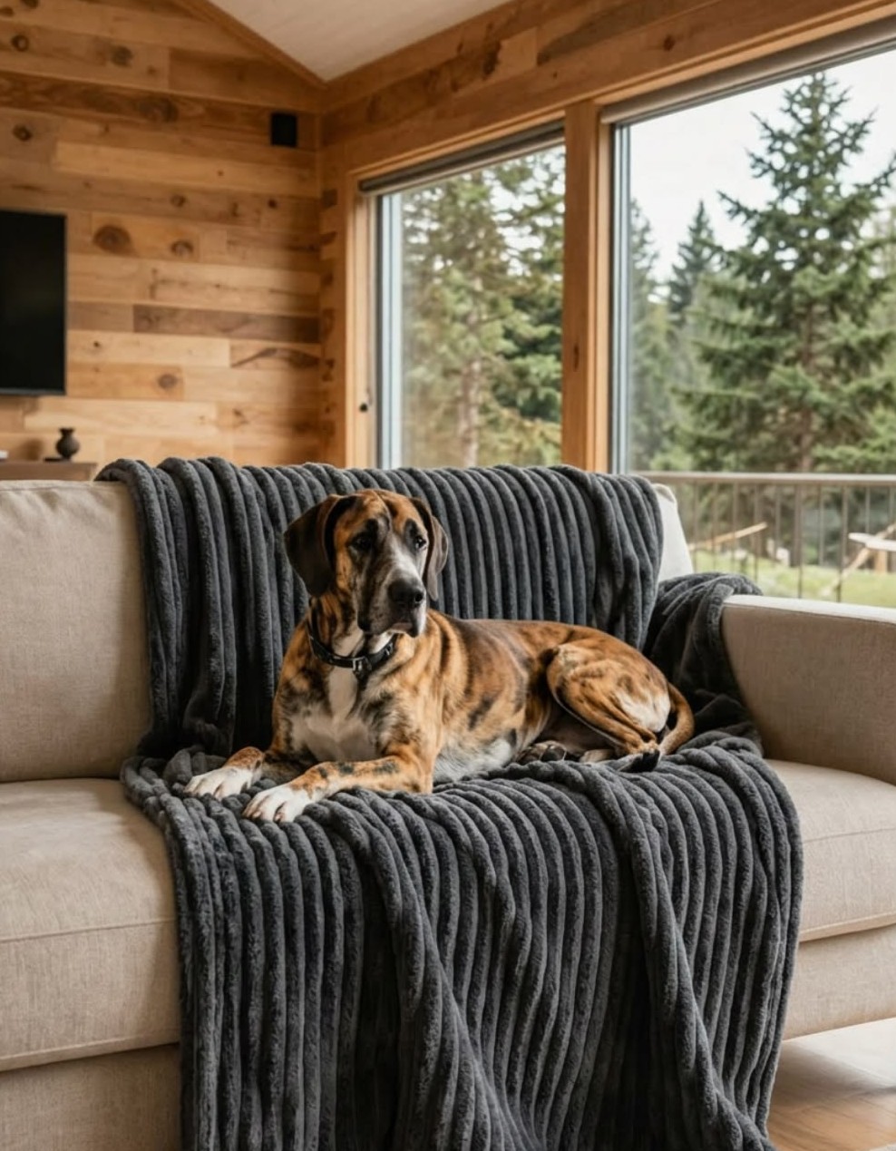 Ribbed waterproof couch cover protecting a sofa with a dog resting on it in a cabin living room