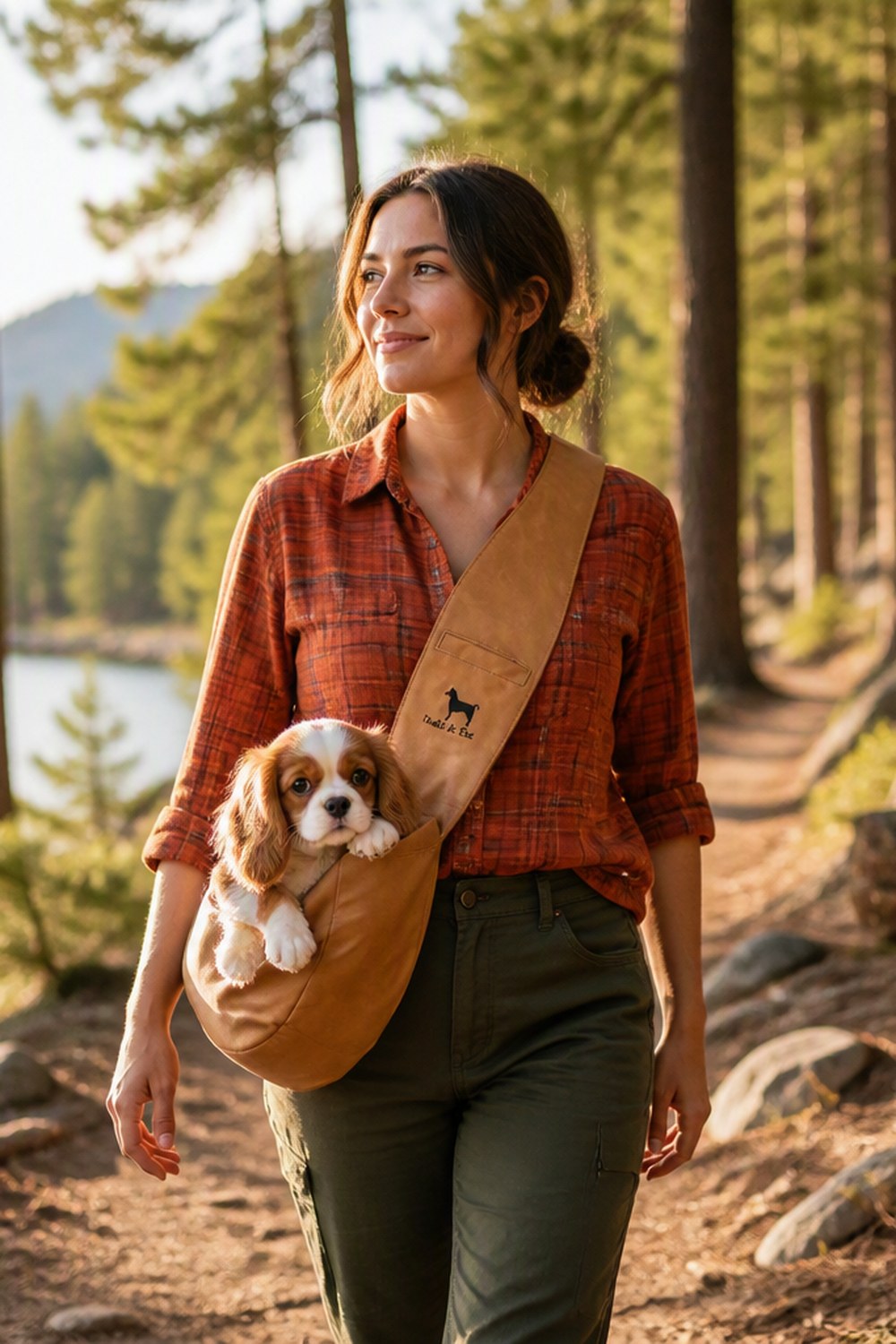 Woman on a pine forest trail carrying a small white dog in a camel vegan leather sling carrier with faux fur lining