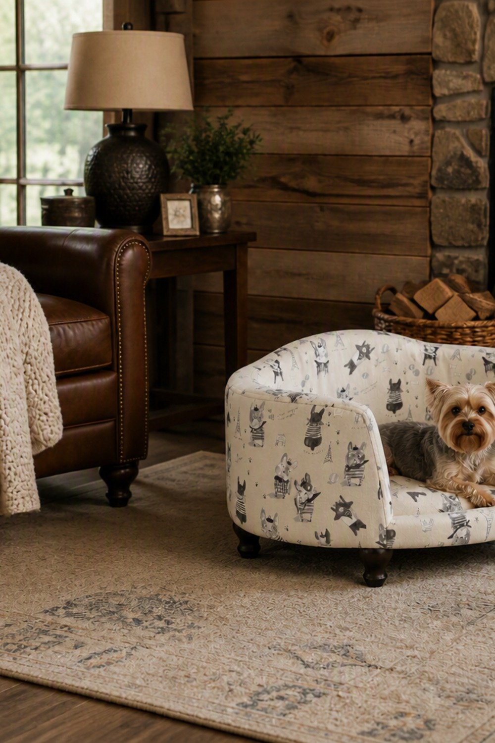 Curved upholstered pet sofa with a French bulldog Paris-themed print, a small dog resting on it in a cabin living room