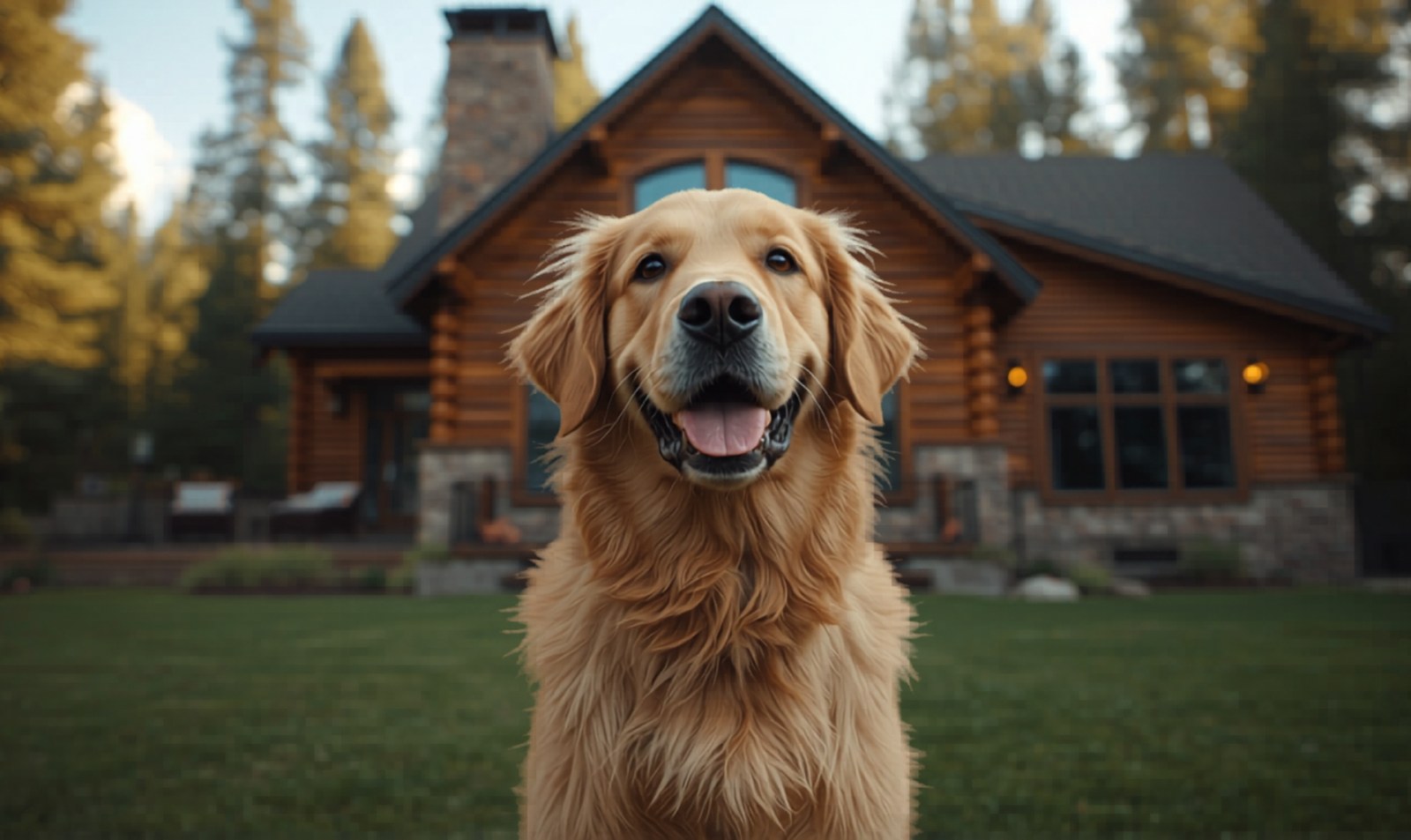 Golden retriever in a modern cabin backyard