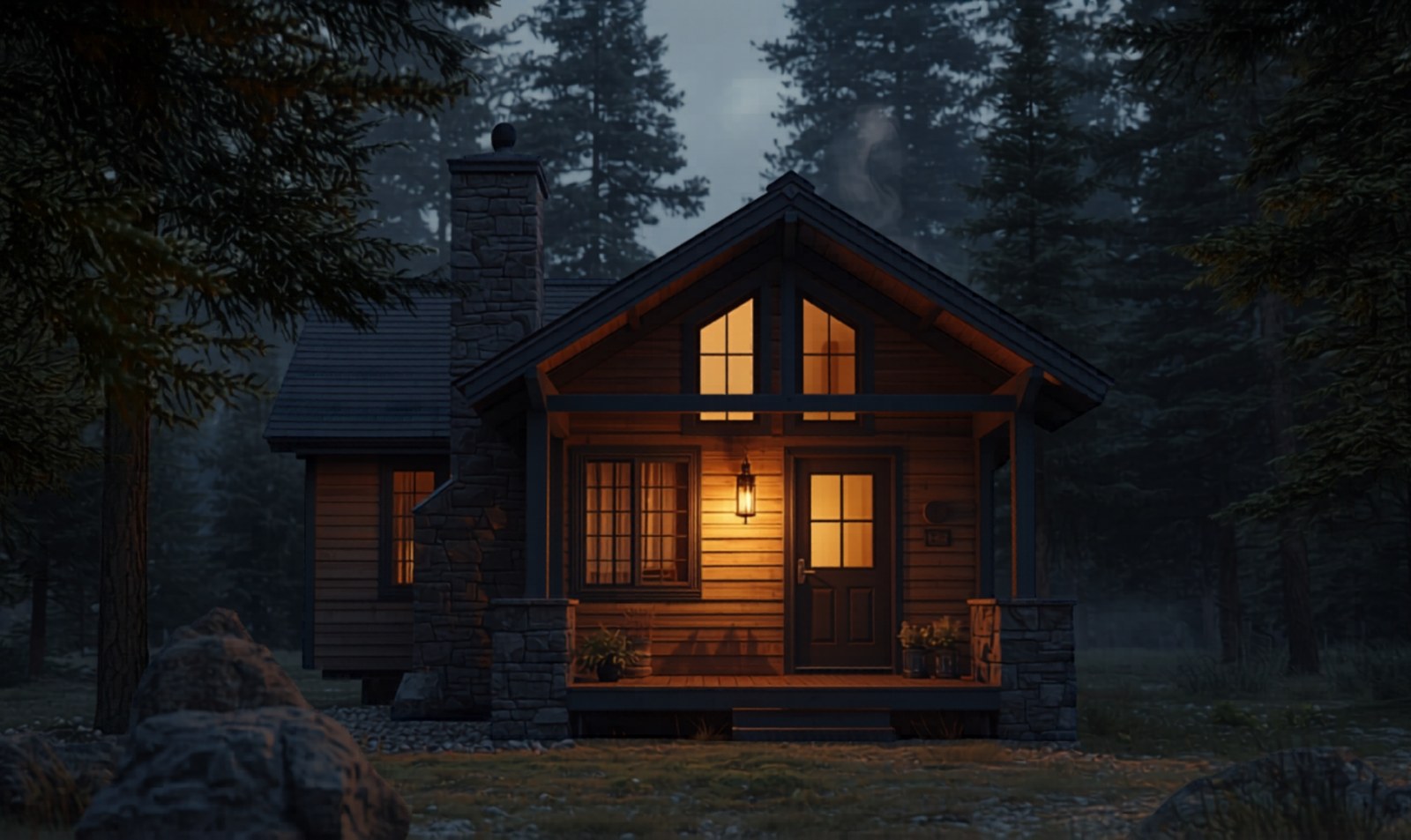 Cozy small modern cabin glowing at dusk among misty pines