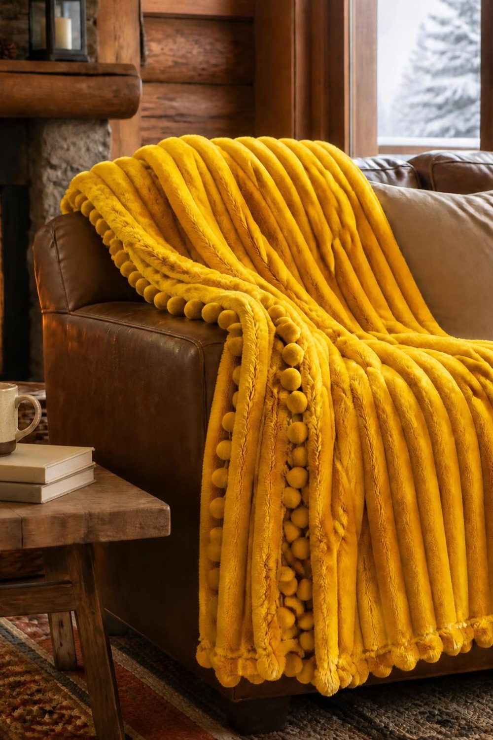 Mustard yellow ribbed fleece throw blanket with pompom fringe draped over a leather armchair by a cabin fireplace