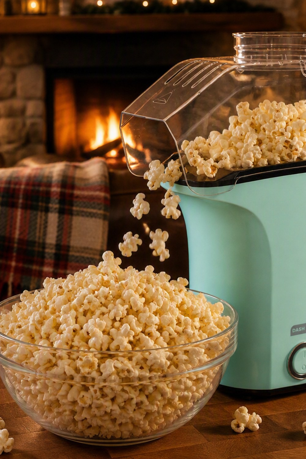 Mint aqua hot air popcorn maker popping fresh popcorn into a glass bowl by a cabin fireplace