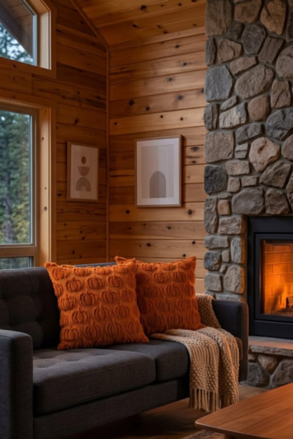 Two rust pumpkin-textured throw pillows on a charcoal sofa by a stone fireplace in a cabin living room