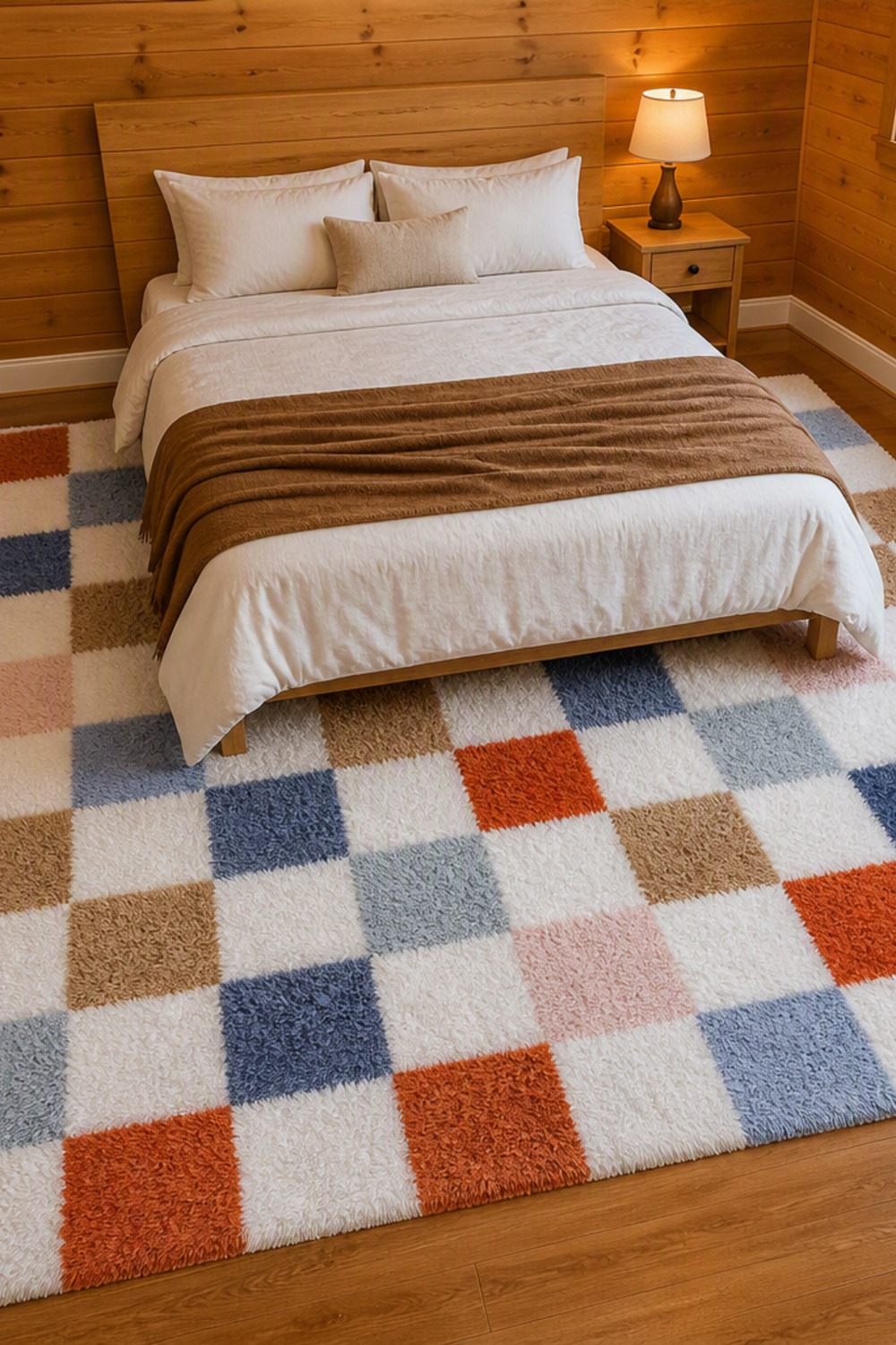 A large checkerboard shag rug in white with scattered rust, navy, tan, blush and pale-blue squares under a queen bed with white linen bedding and a brown wool throw, beside a wood nightstand with a lamp in a knotty-pine cabin bedroom