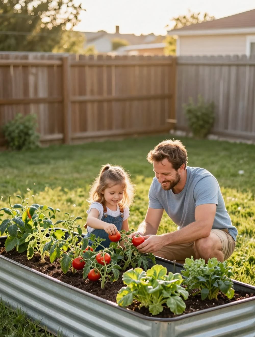 Galvanized metal raised garden bed planted with tomatoes and greens in a sunny backyard