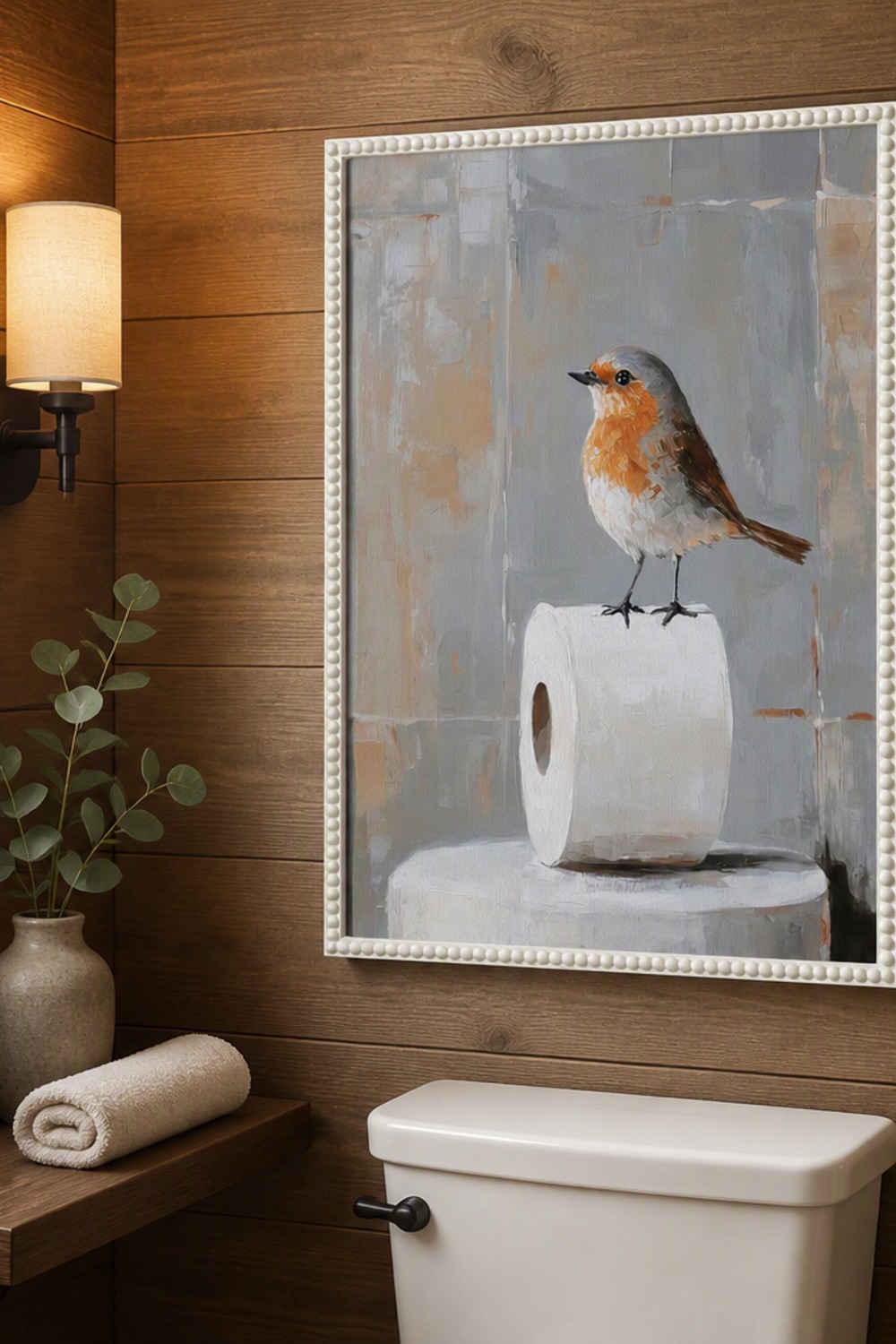 Framed canvas print of a robin perched on a toilet paper roll, in a white beaded frame on a wood-plank cabin bathroom wall