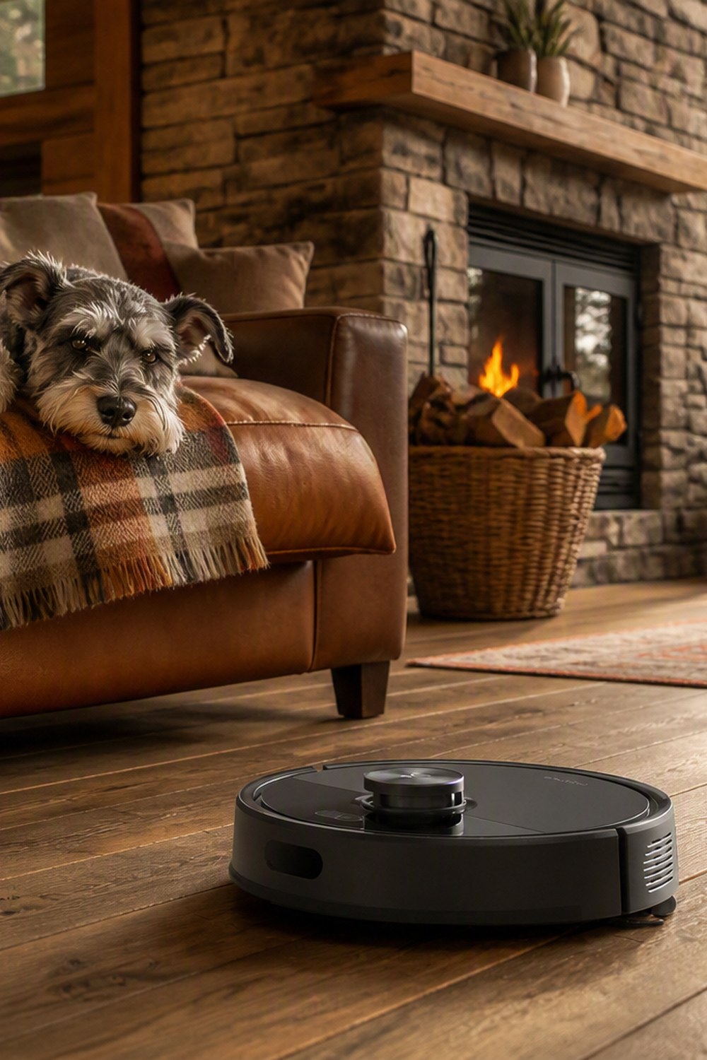Black robot vacuum cleaning wide-plank wood floors while a gray schnauzer watches from a leather sofa by a cabin fireplace