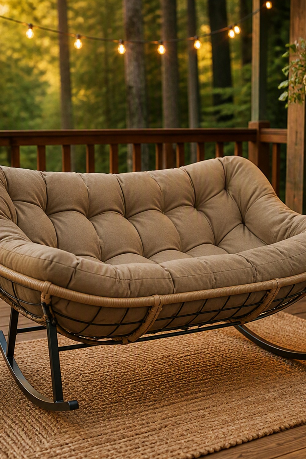 Oversized double wicker rocking loveseat with a tufted tan cushion on a cabin backyard deck with string lights