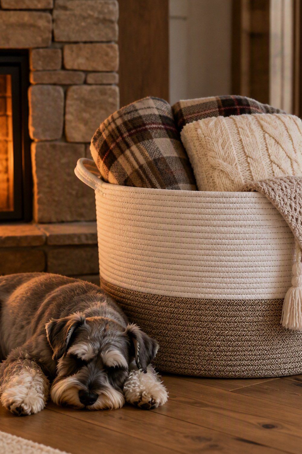Two-tone white and tan woven rope basket filled with plaid and knit throws by a stone fireplace with a schnauzer asleep beside it
