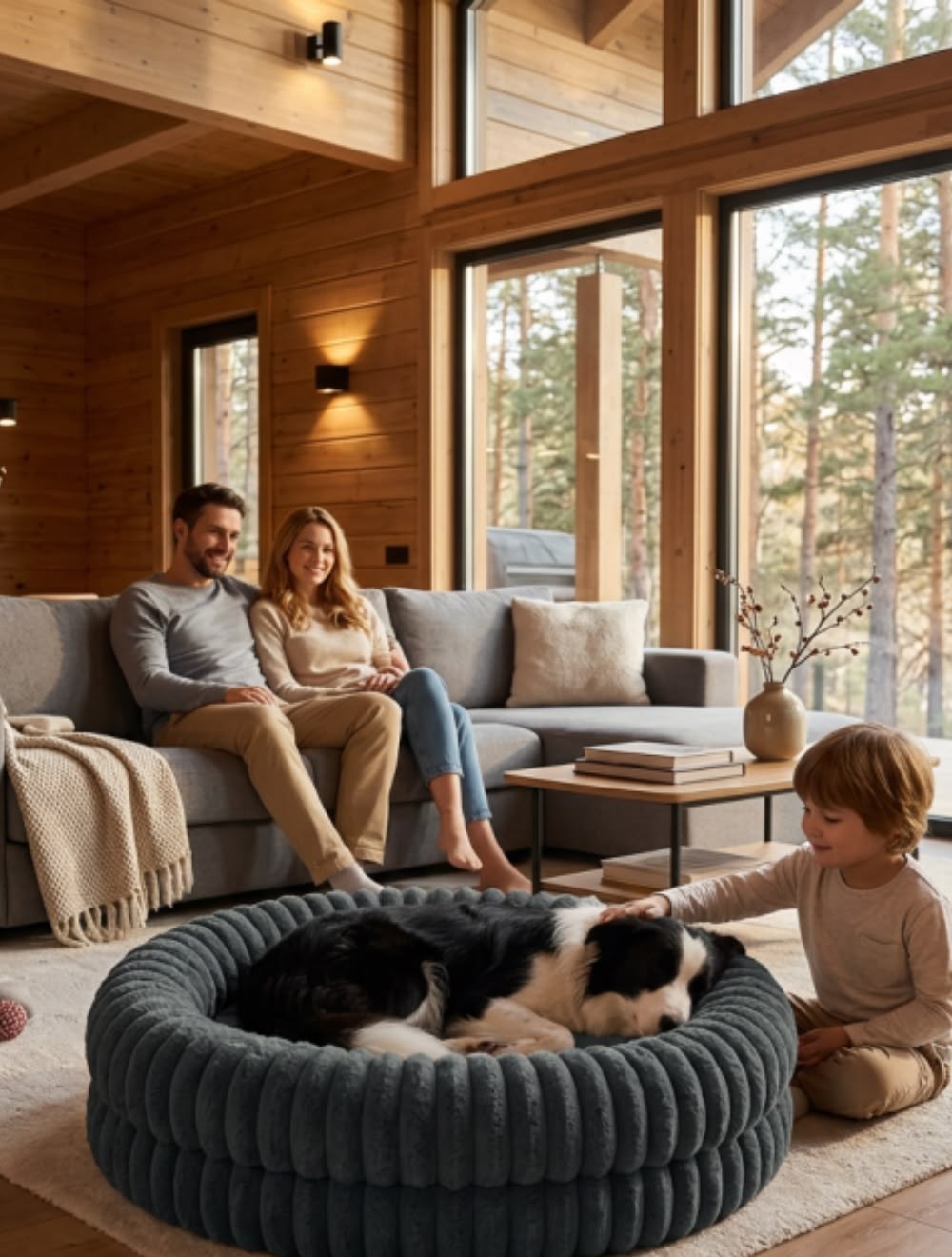 Oversized charcoal ribbed plush round dog bed with a border collie curled up in a cabin living room