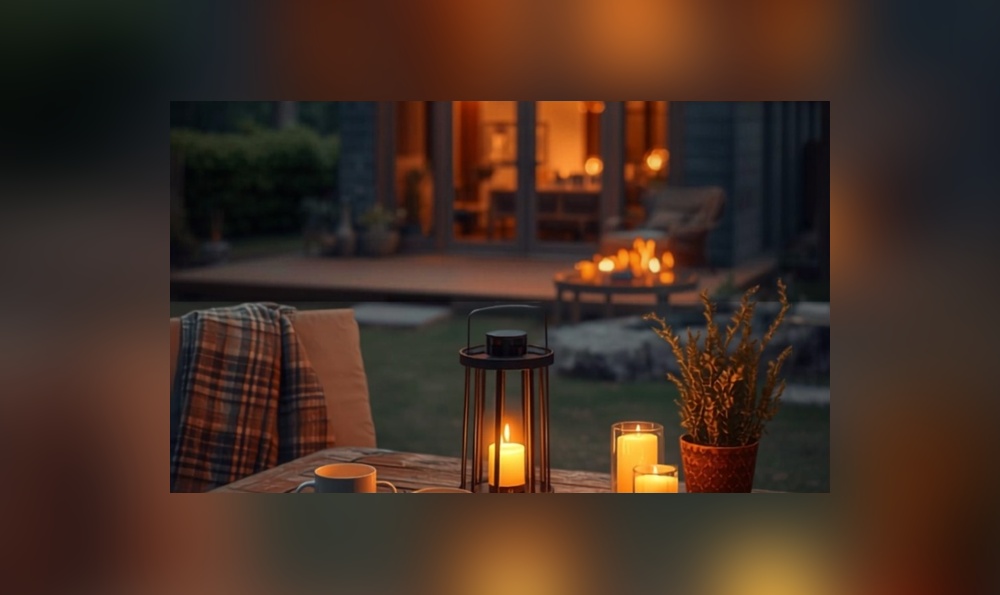 Cozy cabin backyard at dusk with a lantern, mugs, and candles