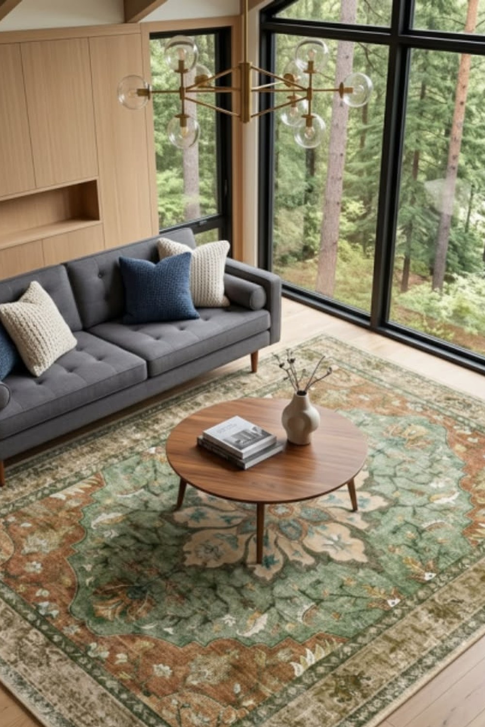 Green, brick, and brown medallion area rug under a round coffee table in a modern cabin living room with forest windows