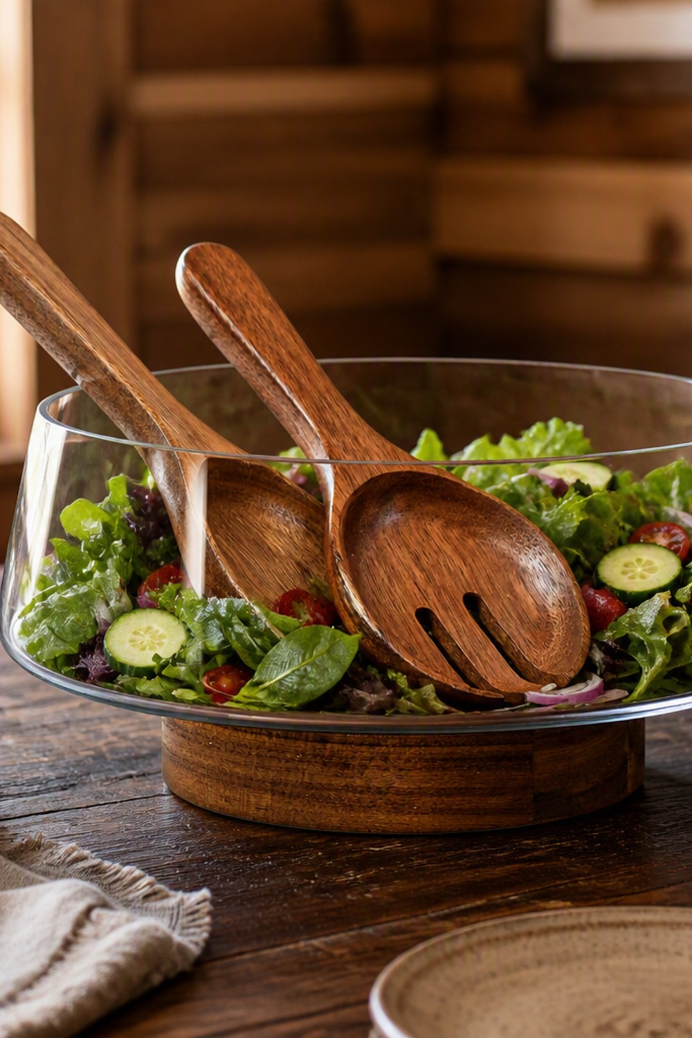 Extra-large glass salad bowl on an acacia wood base with matching wood servers, filled with a fresh salad on a cabin dining table