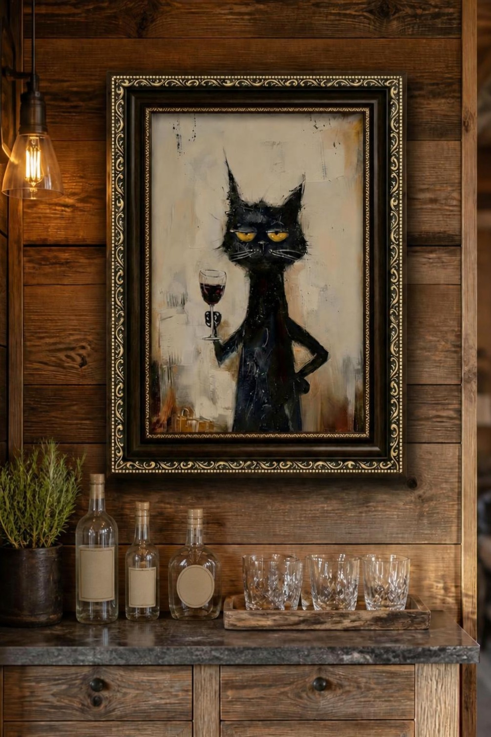 Textured oil-painting print of a sassy black cat holding a wine glass in an ornate gold frame, hung above a cabin bar nook