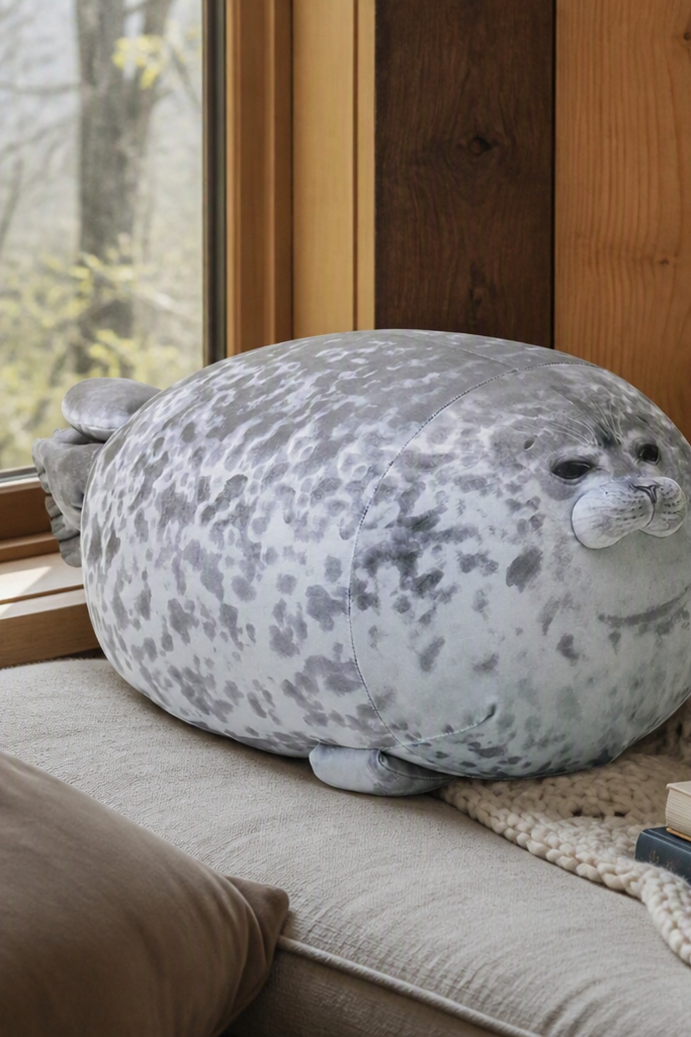 Chubby gray spotted seal plush pillow resting on a window seat with a knit throw in a cabin