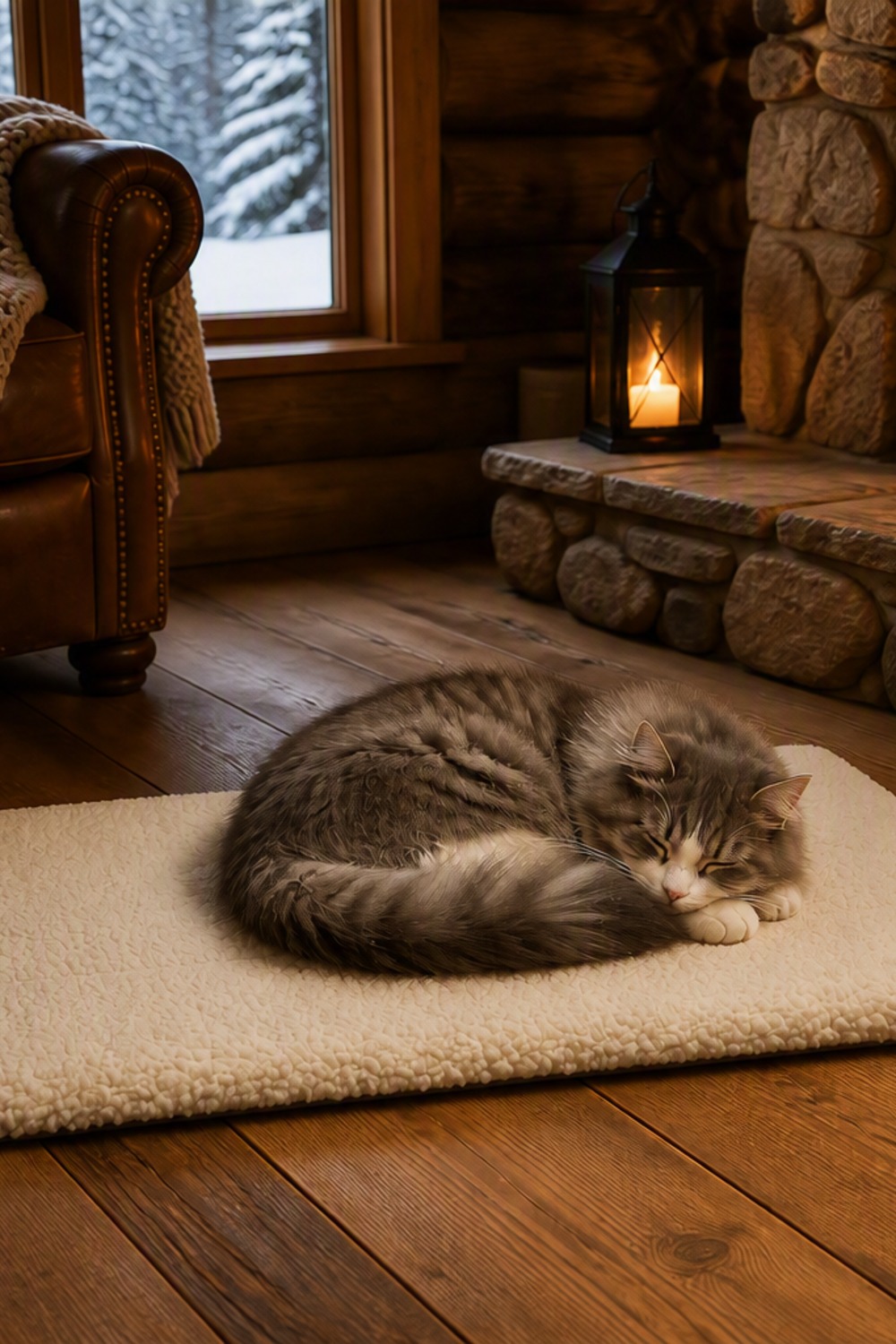 Flat cream sherpa self-warming cat mat with a cat sprawled on it in a sunny room