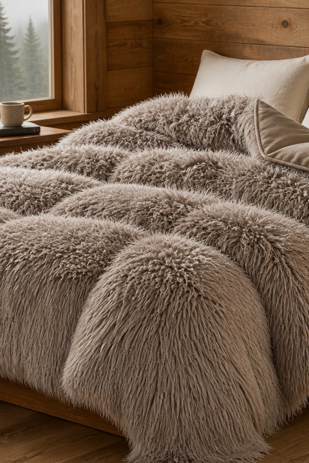Warm greige long-pile shaggy faux fur comforter on a wood bed in a cabin bedroom with pines outside the window