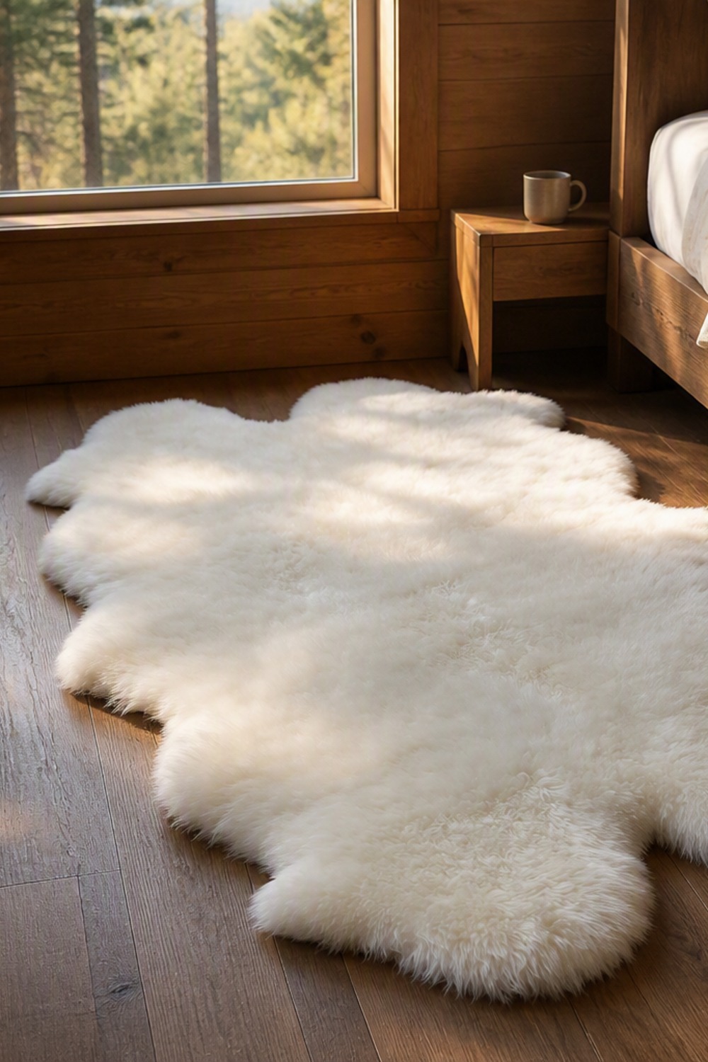 Pearly cream sheepskin rug with natural pelt edges on a wide-plank wood floor beside a bed in a cabin bedroom
