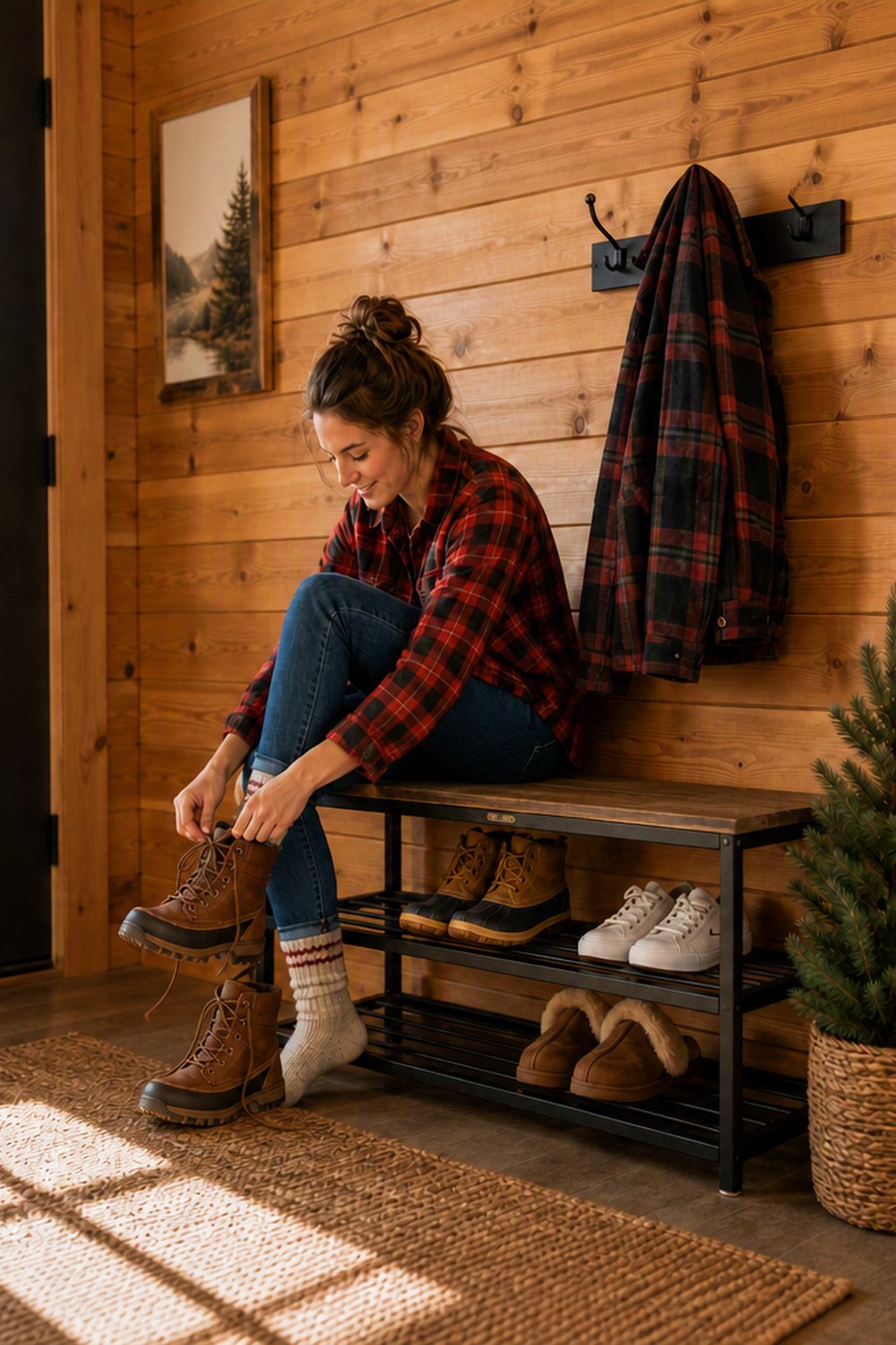 Woman in a red flannel lacing boots on a rustic wood and black metal shoe bench in a warm cabin entryway