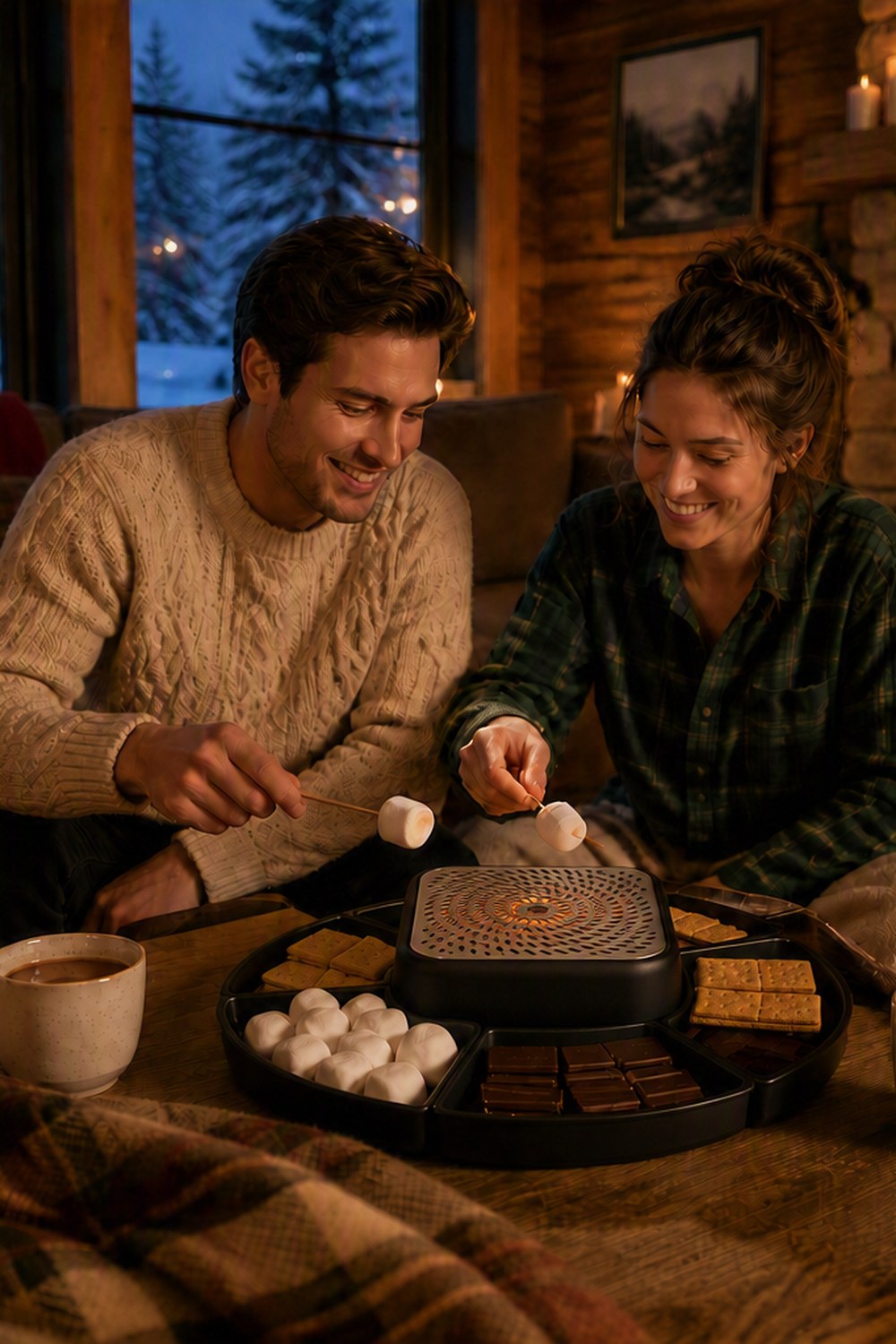 Couple toasting marshmallows over a black flameless electric s'mores maker by the fire in a snowy-window cabin living room