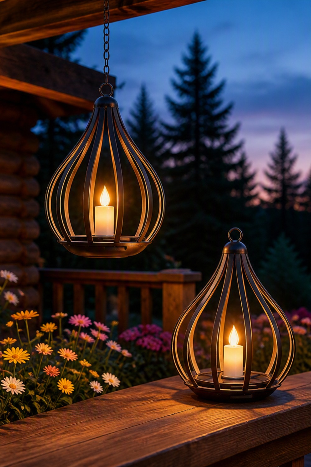 Black teardrop-shaped solar lanterns with flickering flameless candles hanging and sitting on a cabin deck at dusk