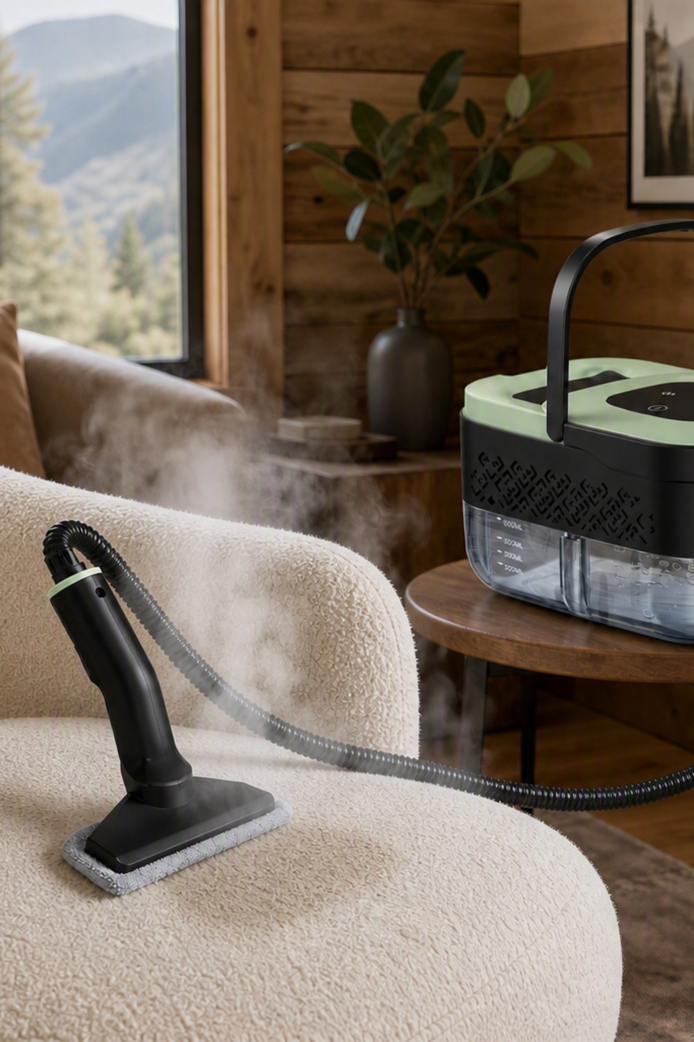 Black and sage portable steam cleaner treating a stained upholstered chair in a cabin living room